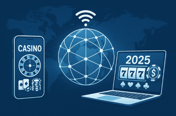 Casino trực tuyến toàn cầu 2026 trên điện thoại và laptop, kết nối internet toàn cầu, tông xanh trắng hiện đại.
