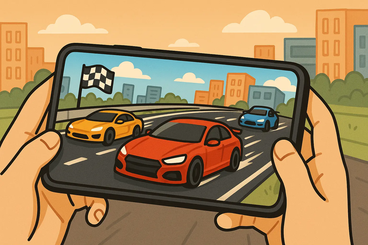 Ilustrasi game balap mobil yang menampilkan mobil melaju cepat di layar smartphone