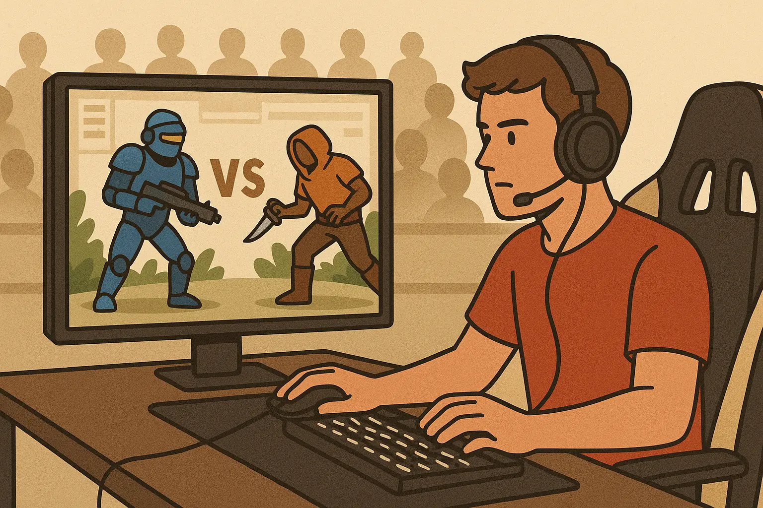 Ilustrasi turnamen e-sports dengan para pemain yang bertanding di depan penonton