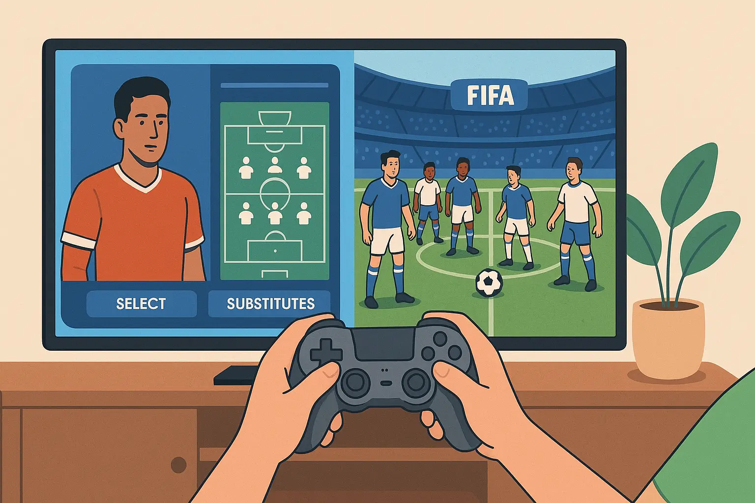 Ilustrasi layar pemilihan pemain dan pengaturan tim sebelum memulai pertandingan di FIFA