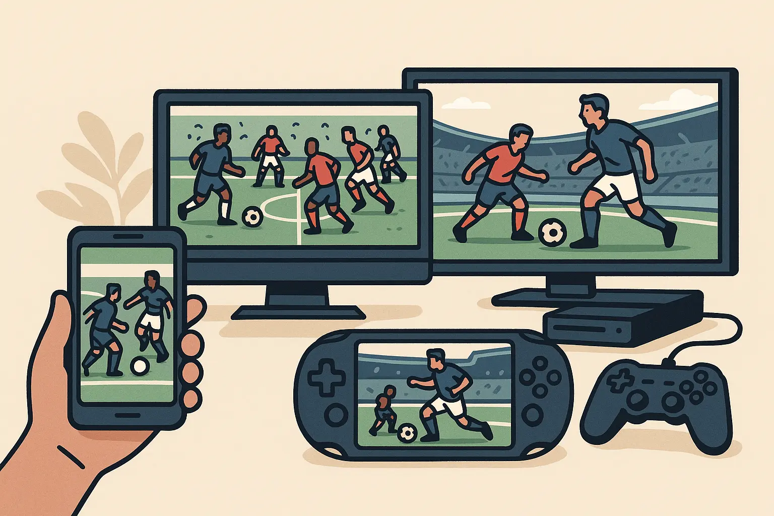 Ilustrasi permainan sepak bola gratis di smartphone, PC, dan konsol