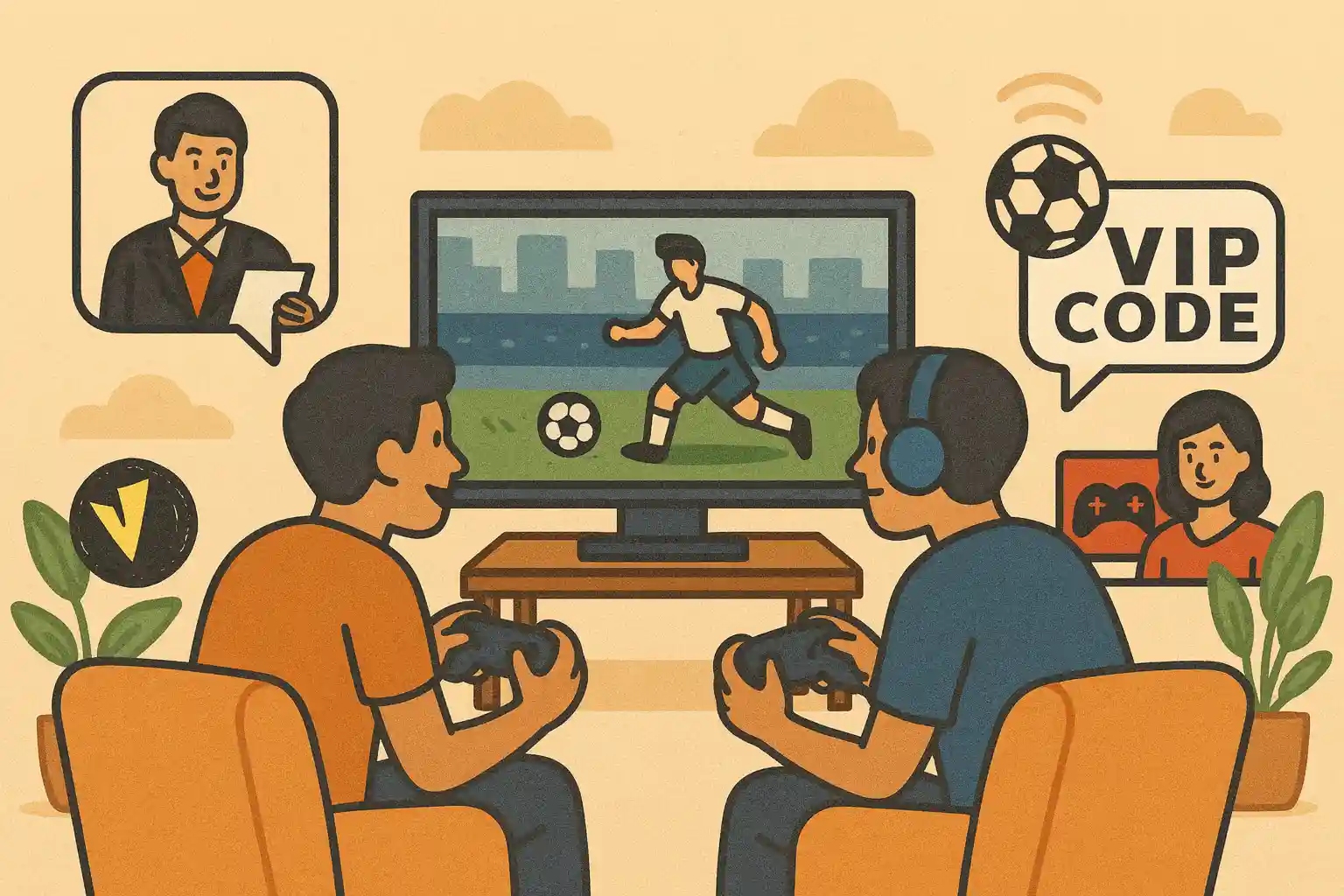 Ilustrasi berita olahraga dan game olahraga terbaru di Indonesia dengan logo VIP CODE