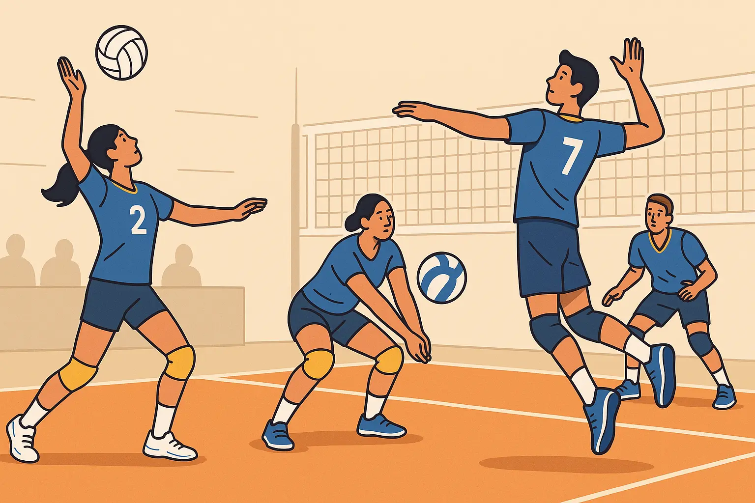 Ilustrasi pemain bola voli yang melakukan servis, menerima, dan melakukan spike di lapangan