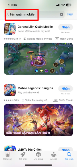 Nhập từ khóa Liên Quân Mobile hoặc Arena of Valor để tìm game trên App Store