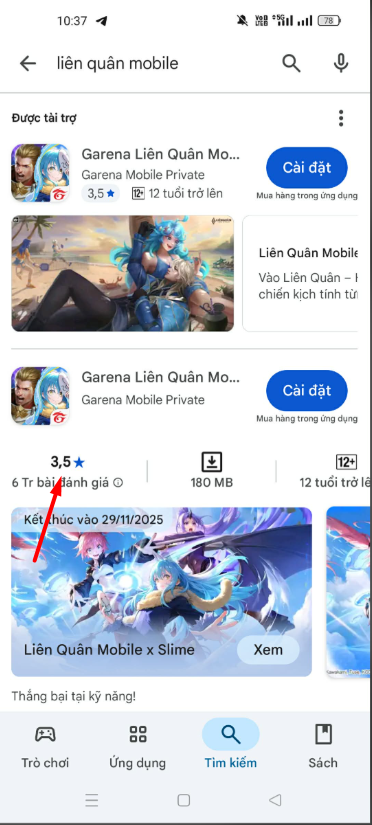 Kiểm tra lượt đánh giá (trung bình. Ở mức (3,5/5 sao) và lượt tải (50+ triệu)