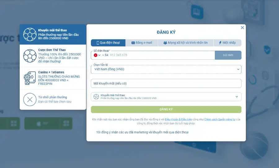 Giao diện đăng ký tài khoản 1XBET