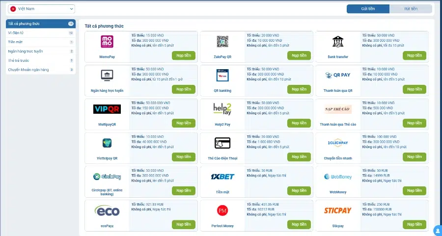 Các phương thức nạp tiền trên 1XBET