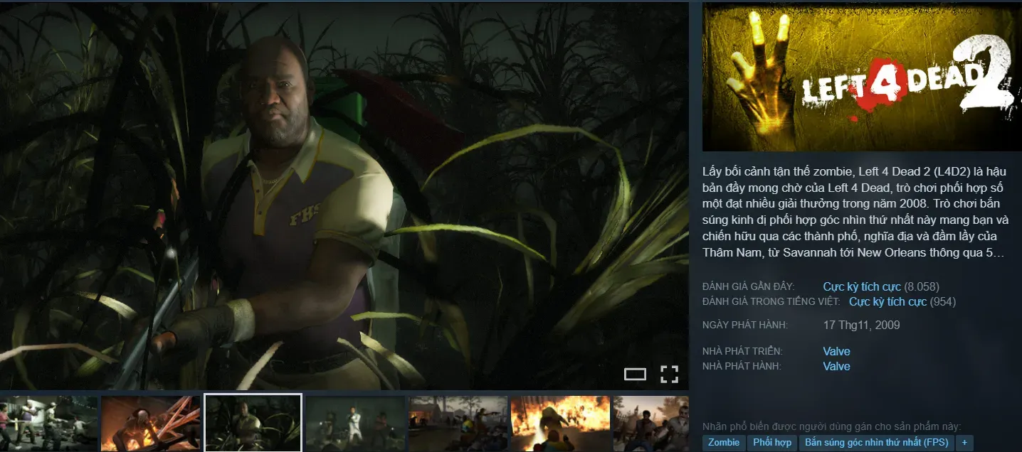 Cảnh chiến đấu kịch tính phối hợp đồng đội 4 người trong game bắn súng zombie Left 4 Dead 2