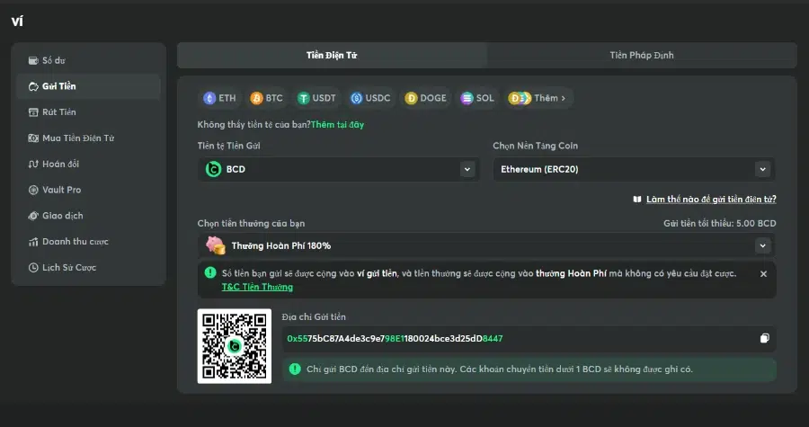 Giao diện trang nạp tiền bằng crypto