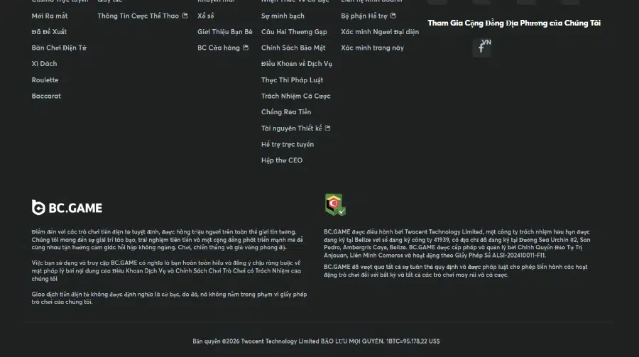 Giấy phép của BC.Game hiển thị ở Footer