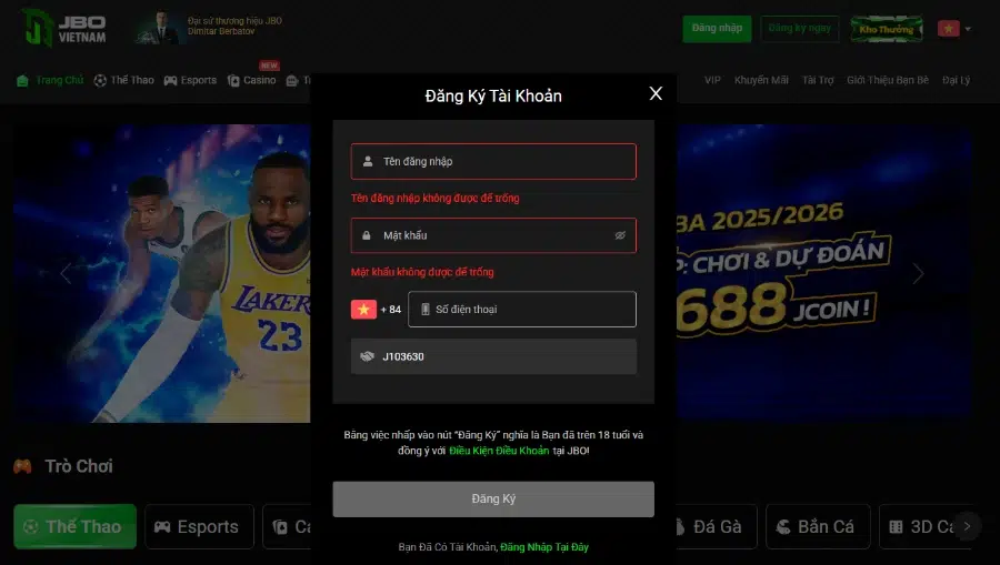 Trang đăng ký tài khoản