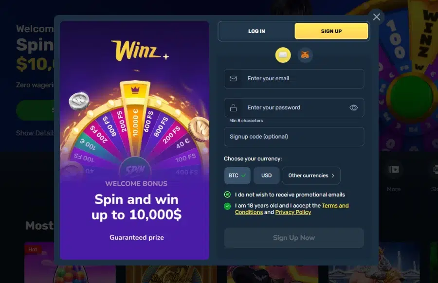 Giao diện đăng ký tài khoản Winz.io