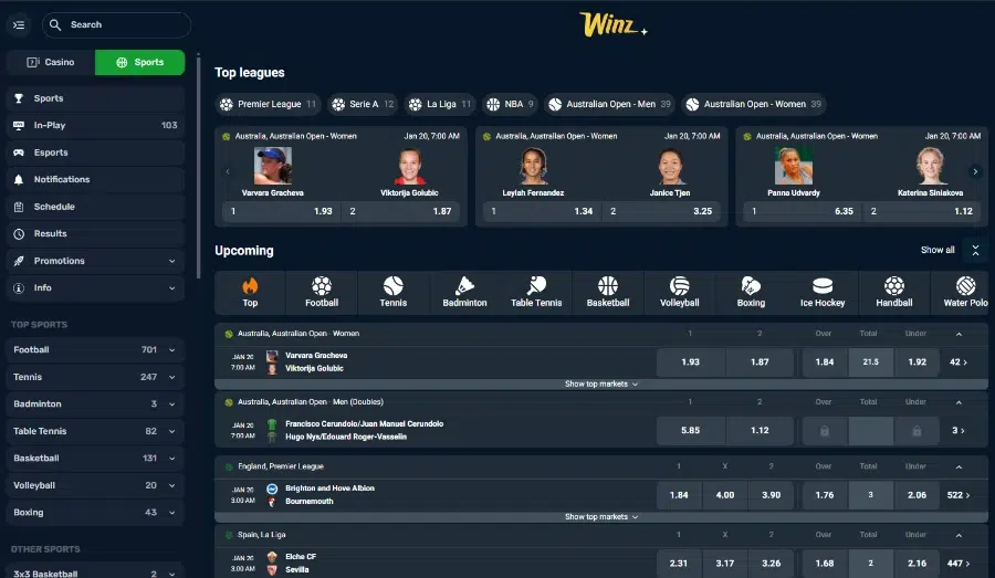 Trang cá cược thể thao tại Winz.io